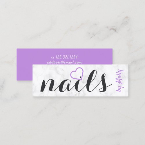 Modern pretty white marble purple black nails mini business card
