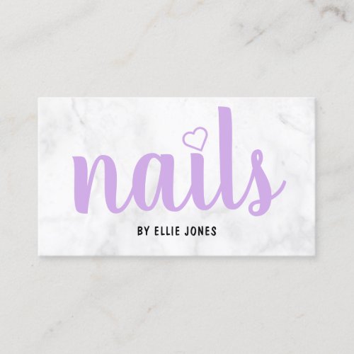 Modern pretty white marble  purple nails business card