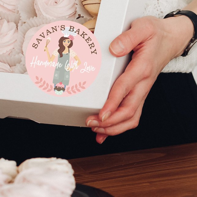 Modern Pretty Woman Sweet Bakery Made With Love Classic Round Sticker (Creator Uploaded)