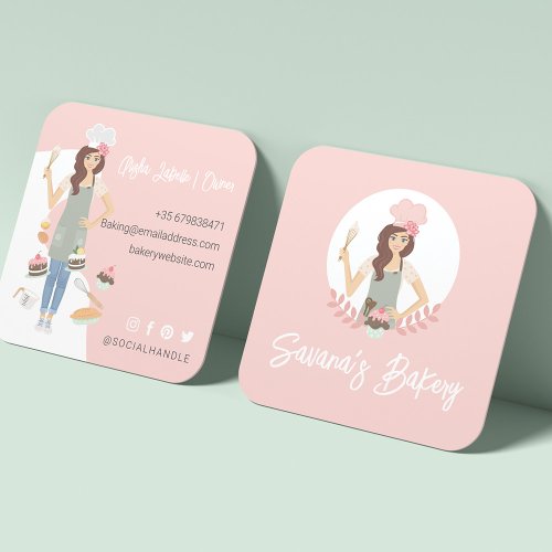 Modern Pretty Woman Sweet Bakery Services Pink Square Business Card