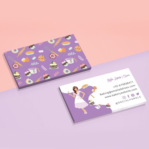 Customizable Modern Pretty Woman Sweet Bakery Services Purple Business Card