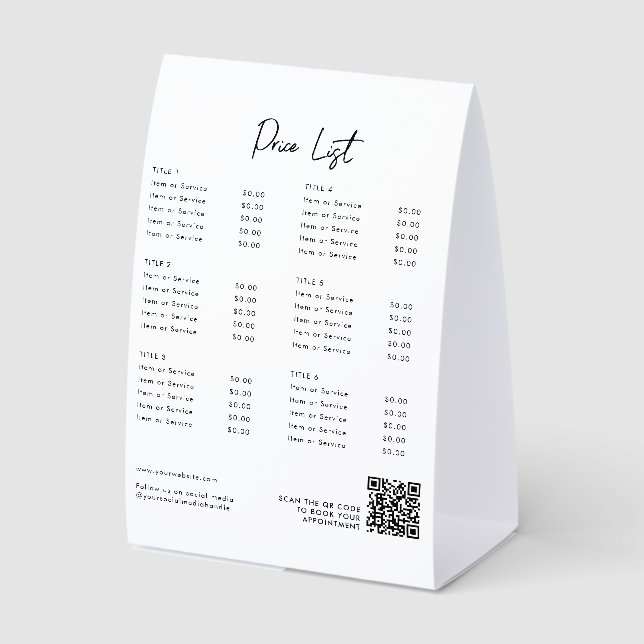 Modern Price List Menu QR Code Social Media  Paper Table Tent (Front)