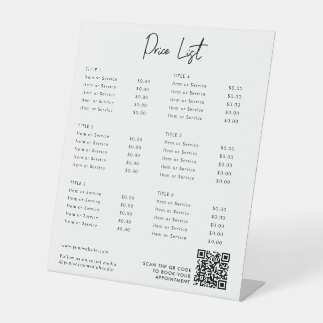 Price Menu Sign Modern Price List Menu QR Code Social Media Pedestal Sign | Zazzle