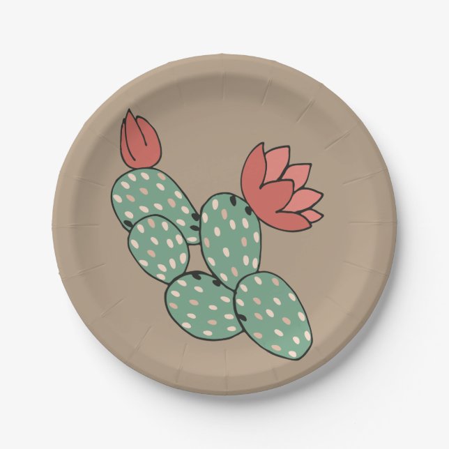 Modern Prickly Pear Cactus Paper Plates (Front)