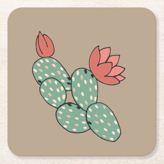 Modern Prickly Pear Cactus Square Paper Coaster (Front)