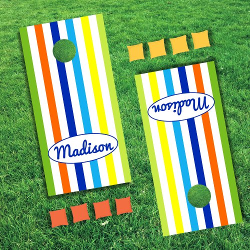 Modern Primary Blue Orange Green Yellow Stripes Cornhole Set