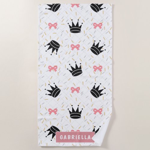 Modern Princess Crown  pink Bows Beach Towel