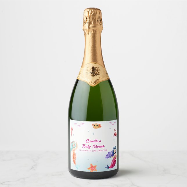 Modern Princess Mermaid Ocean Coral Baby Shower  Sparkling Wine Label (Front)