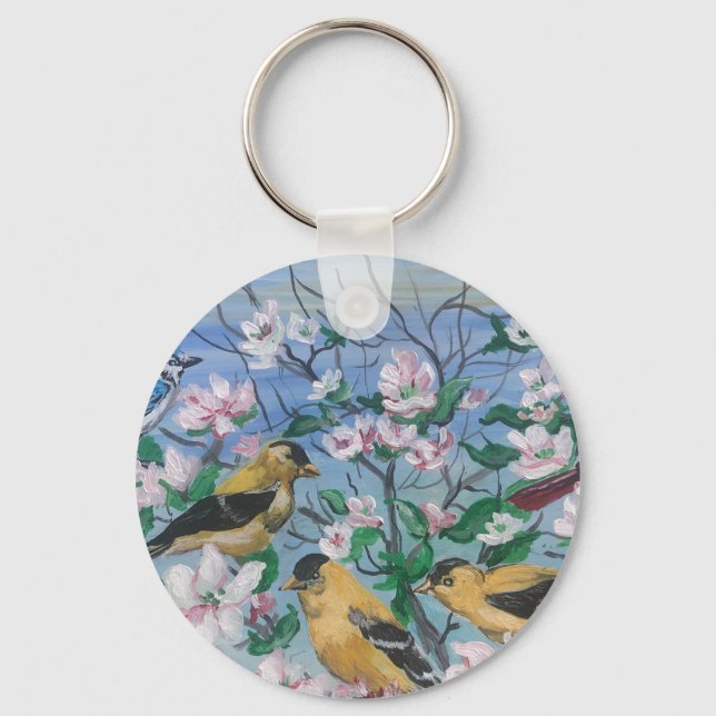Modern Print yellow finch Floral Design Keychain (Front)