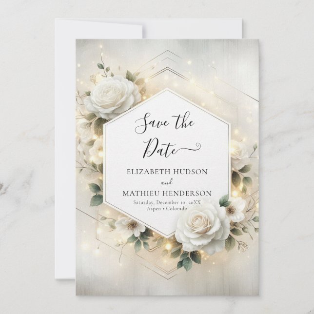 Modern Printable White Roses Wedding Save The Date (Front)
