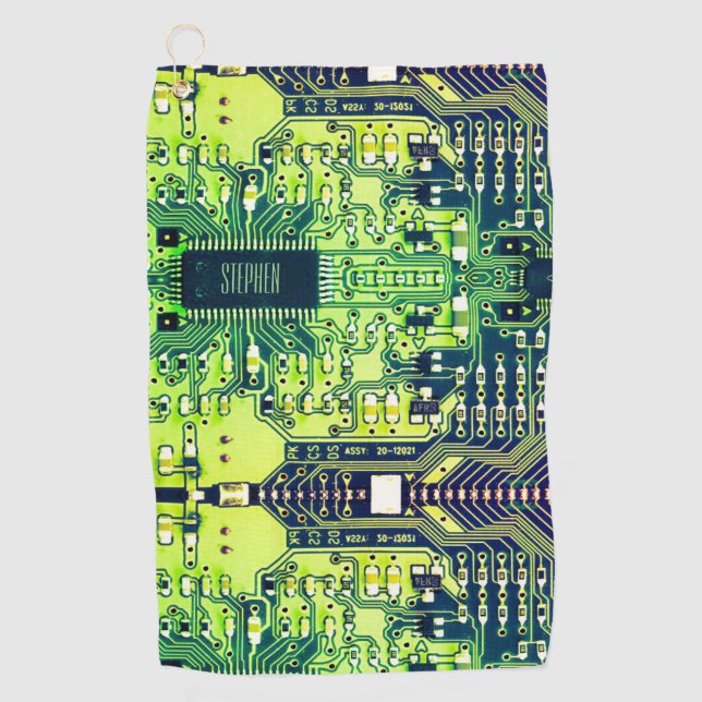 Modern Printed Circuit Board Design Add Name Geeky Golf Towel (Front)