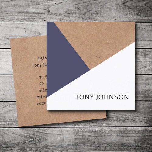 Modern Printed Kraft Dark Blue White Geometric Square Business Card