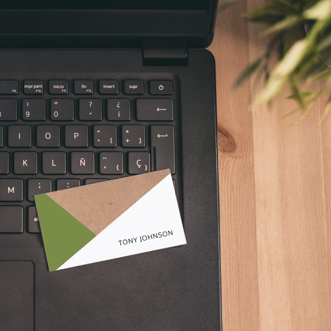 Modern Printed Kraft Olive Green White Geometric Business Card (Creator Uploaded)