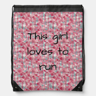 Modern printed pink womans running slogan drawstring bag