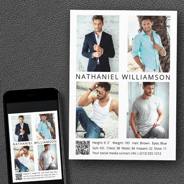 Modern Pro Model Actor 4 Photos QR Code Comp Card (Customize to change background color, text size, style or to add more photos to back of card.)