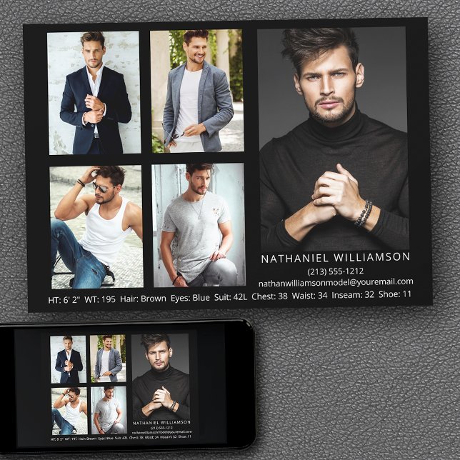 Modern Pro Model Actor 5 Photo Comp Card (Customize to change background color, text size, style or to add more photos to back of card.)