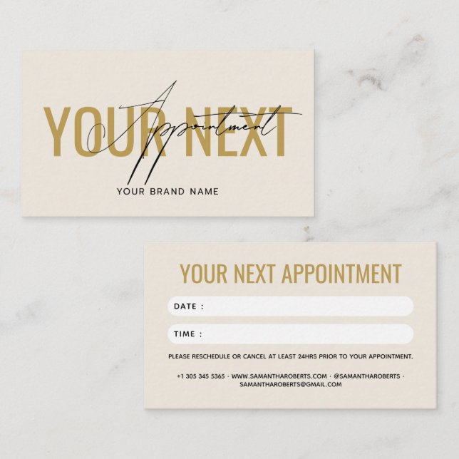 Modern professional beige gold your next appointment card (Front/Back)