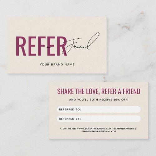 Modern professional beige red refer a friend  referral card