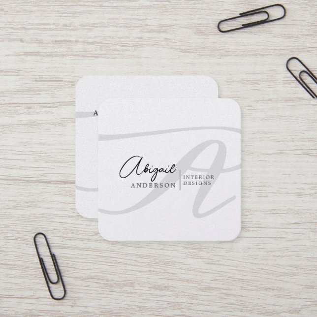 Modern Professional Black and White Monogram Square Business Card (Front/Back In Situ)