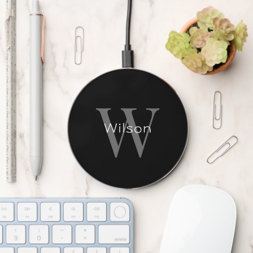 Modern Professional Black and White Monogram Wireless Charger