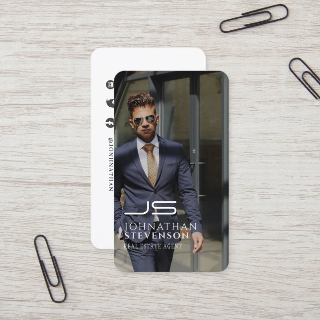 Modern Professional Black and White Photo Monogram Business Card (Front/Back In Situ)