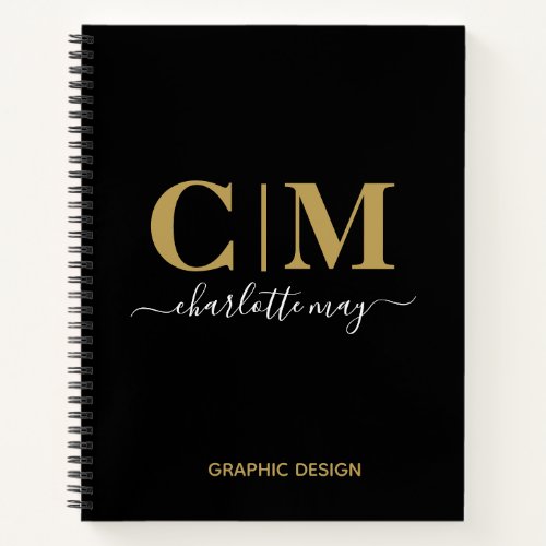 Modern Professional Black Gold Monogram Name  Notebook