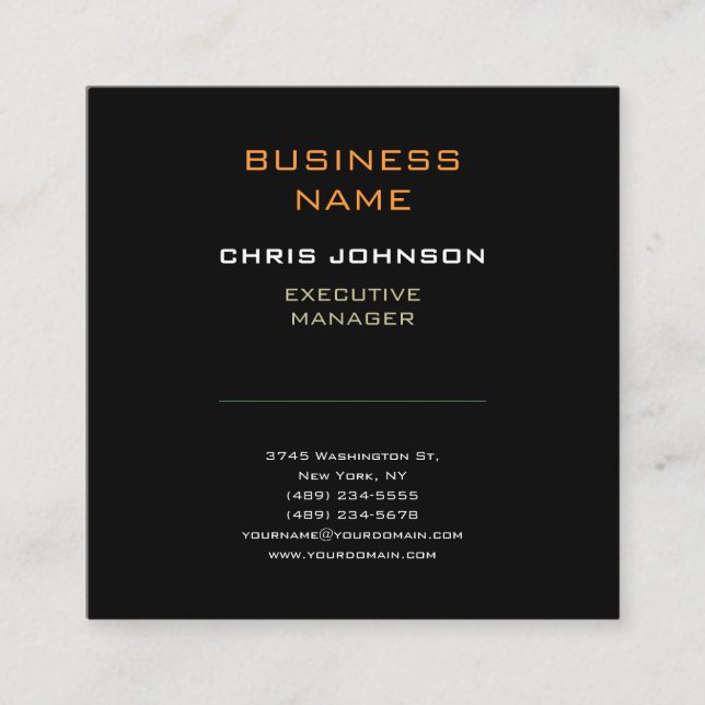 Modern Professional Black Plain Square Business Card (Front)