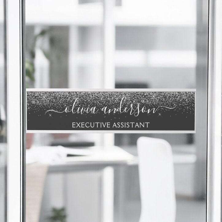 Modern Professional Black Silver Sparkle Glitter Door Sign