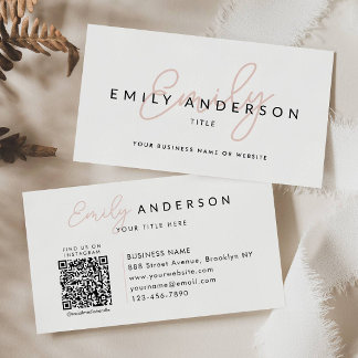 Modern Professional Blush Pink Script Name QR Code Business Card