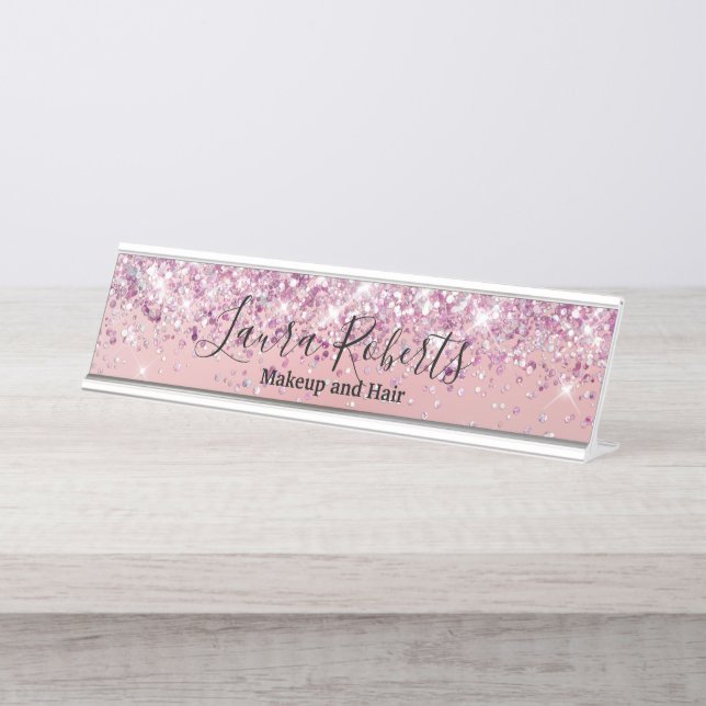 Modern Professional Blush Pink Sparkle Glitter   D Desk Name Plate (Front)
