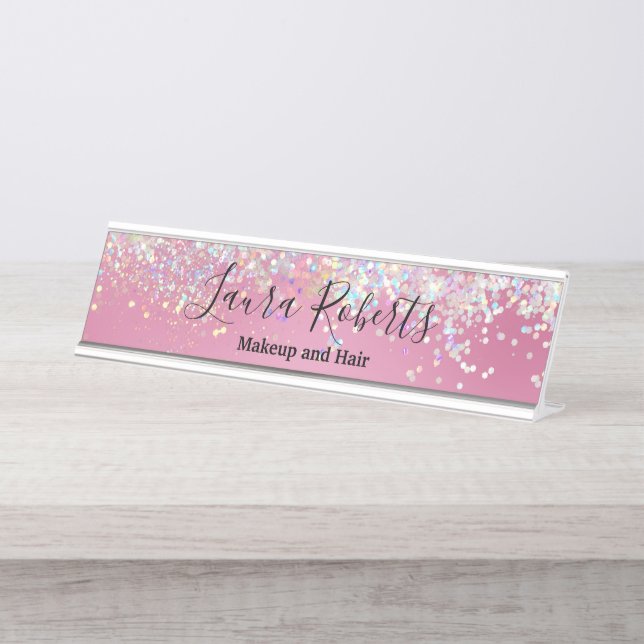 Modern Professional Blush Pink Sparkle Glitter  De Desk Name Plate (Front)
