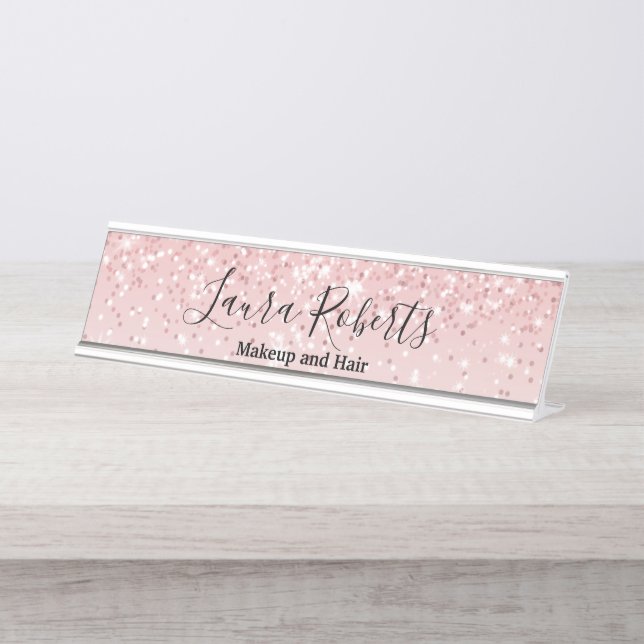 Modern Professional Blush Pink Sparkle Glitter Des Desk Name Plate (Front)