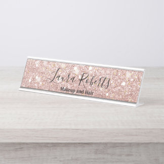 Modern Professional Blush Pink Sparkle Glitter Desk Name Plate