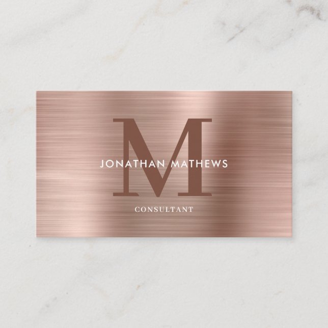 Modern Professional Brushed Metal Blush Monogram Business Card (Front)