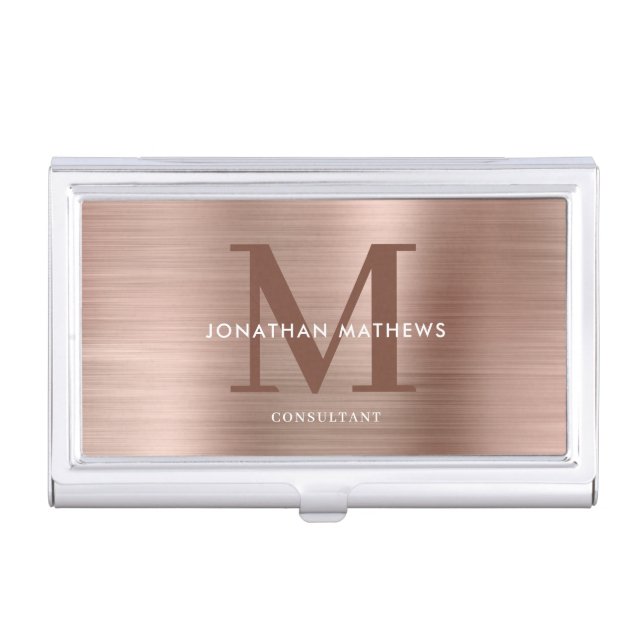 Modern Professional Brushed Metal Blush Monogram Business Card Case (Front)