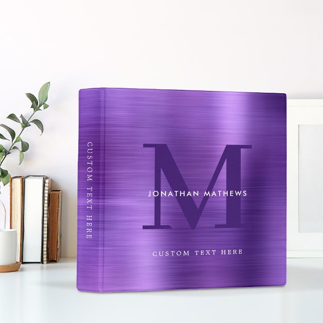 Modern Professional Brushed Metal Purple Monogram 3 Ring Binder (Creator Uploaded)