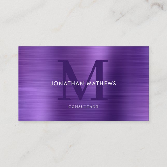 Modern Professional Brushed Metal Purple Monogram Business Card (Front)