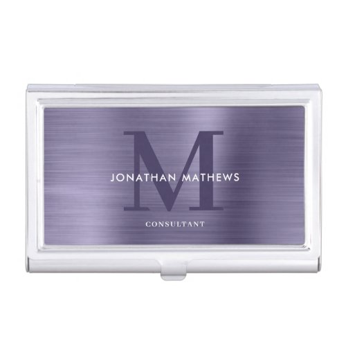 Modern Professional Brushed Metal Purple Monogram Business Card Case