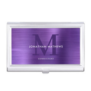 Modern Professional Brushed Metal Purple Monogram Business Card Case