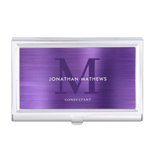 Modern Professional Brushed Metal Purple Monogram Business Card Case