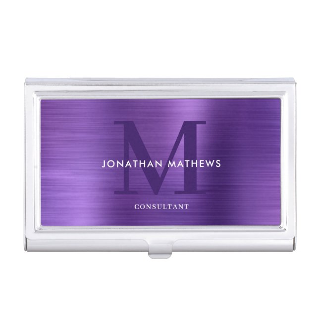 Modern Professional Brushed Metal Purple Monogram Business Card Case (Front)