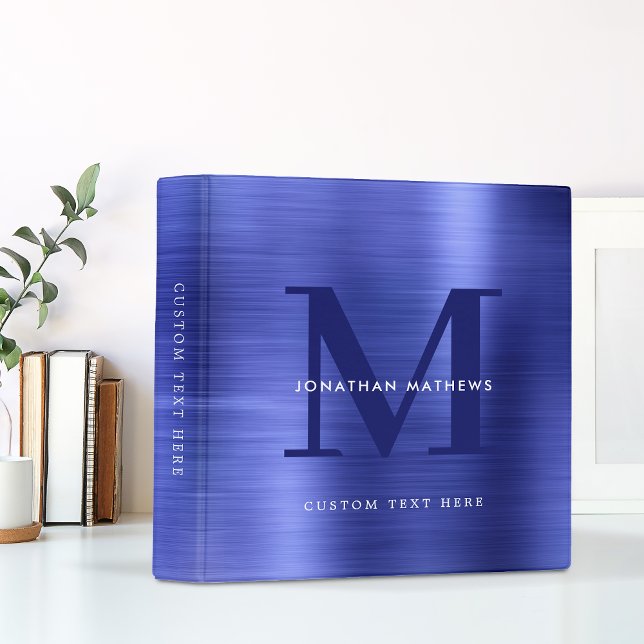 Modern Professional Brushed Metallic Blue Monogram 3 Ring Binder (Creator Uploaded)