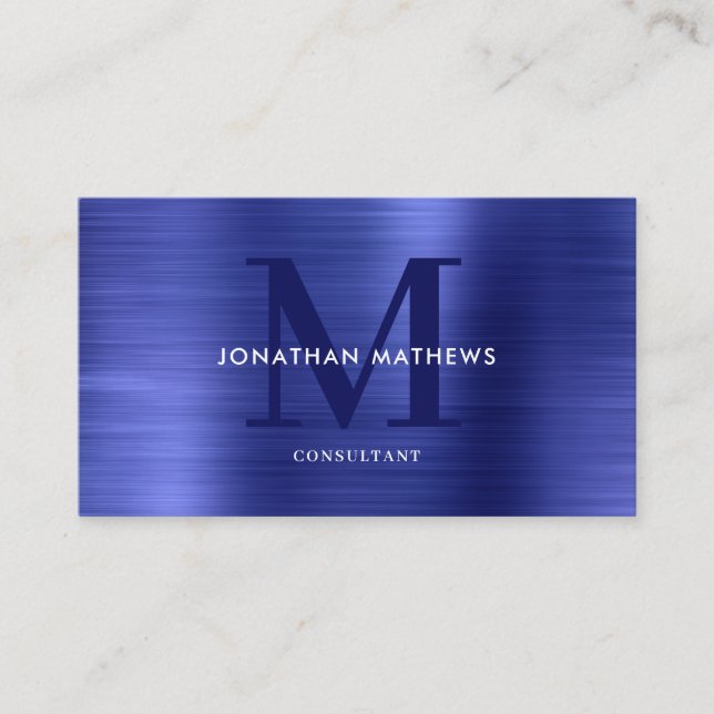 Modern Professional Brushed Metallic Blue Monogram Business Card (Front)