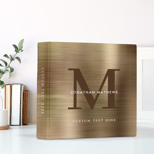 Modern Professional Brushed Metallic Gold Monogram 3 Ring Binder