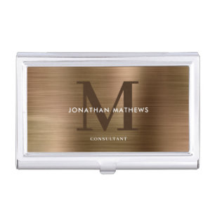 Modern Professional Brushed Metallic Gold Monogram Business Card Case