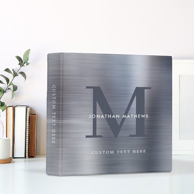 Modern Professional Brushed Metallic Gray Monogram 3 Ring Binder (Creator Uploaded)