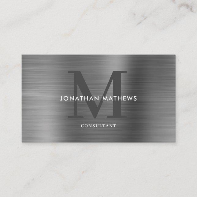 Modern Professional Brushed Metallic Gray Monogram Business Card (Front)