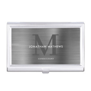 Modern Professional Brushed Metallic Gray Monogram Business Card Case