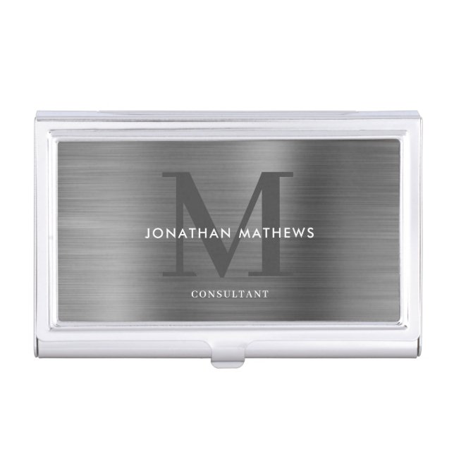Modern Professional Brushed Metallic Gray Monogram Business Card Case (Front)