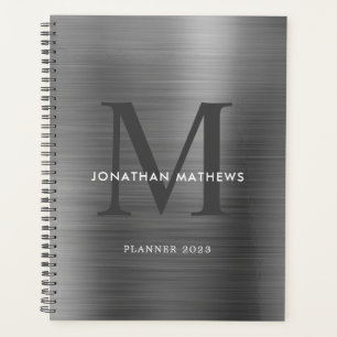 Modern Professional Brushed Metallic Gray Monogram Planner